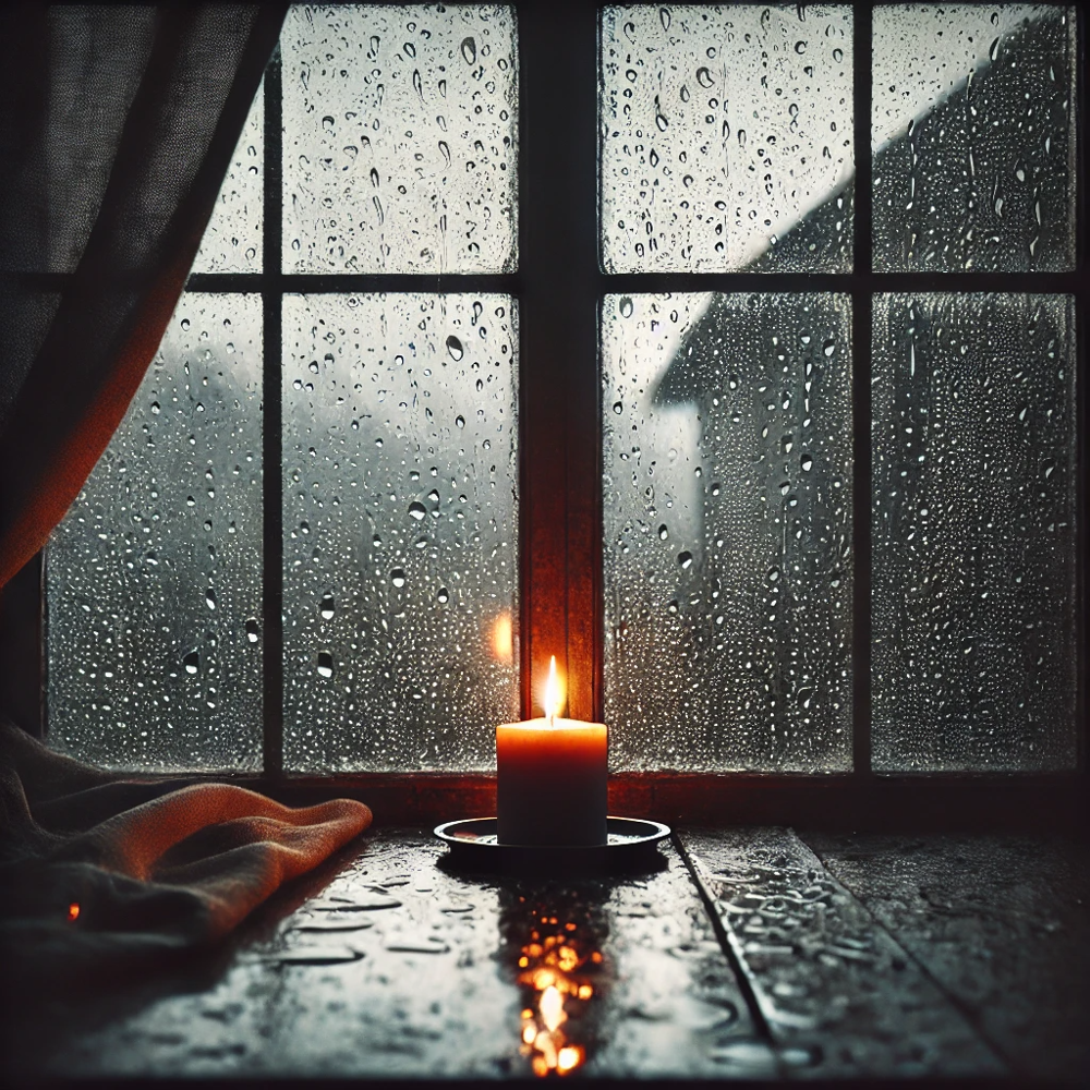 Rainy and gloomy with candle inside by the window Rainy and gloomy with candle inside by the window